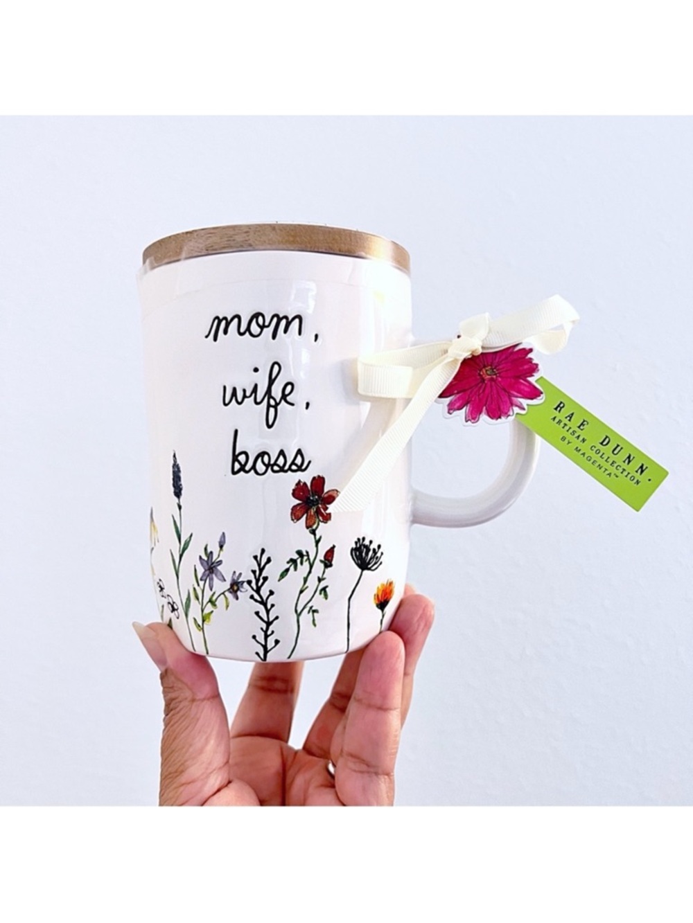 Rae Dunn Mom, Wife, Boss Floral Ceramic Coffee Mug with Wooden lid